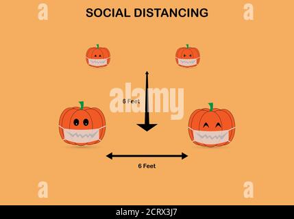 Illustration vectorielle de citrouilles portant un masque facial et de garder la distance sociale. Halloween et coronavirus concept Illustration de Vecteur