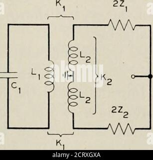 . Le journal technique de Bell System . Figure 11—UN filtre à cristaux d'élimination de bande T de pont. Une autre transformation qui peut être employée est celle d'un transformateur à trois enroulements, pour, comme illustré dans un précédent article,^ un transformateur à trois enroulements connecté à deux bras d'impédance comme illustré à la Fig. 12 est l'équivalent d'un transformateur et d'un filtre en treillis avec petit. Banque D'Images