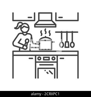 La femme est debout dans la cuisine et prépare l'icône de ligne noire. Intérieur de la maison. Vue intérieure de la pièce avec couverts et meubles. Illustration vectorielle isolée Illustration de Vecteur