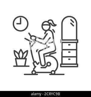 Femme vélo d'appartement rester à la maison icône de ligne noire. Loisirs à la maison. Entraînement cardio-fitness. Illustration vectorielle isolée. Contour modifiable Illustration de Vecteur