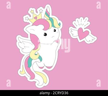 Mignon Unicorn princesse dessin animé poney enfant vecteur, kawaii animal caractère avec coeur, pépinière fées contes magie. Pour carte de vœux, Imprimer t-shirt, fendre Illustration de Vecteur