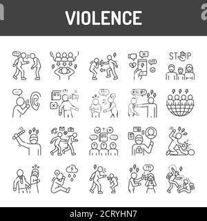 Jeu d'icônes de violence en ligne noire. Harcèlement, abus social et intimidation. Affiche une page Web, une application mobile, un bouton, un logo. Contour modifiable. Illustration de Vecteur