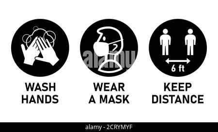Panneaux ronds avec ensemble de mesures contre le coronavirus Covid-19, y compris porter un masque, désinfecter les mains et maintenir une distance de 6 pi ou 6 pieds. Image vectorielle. Illustration de Vecteur