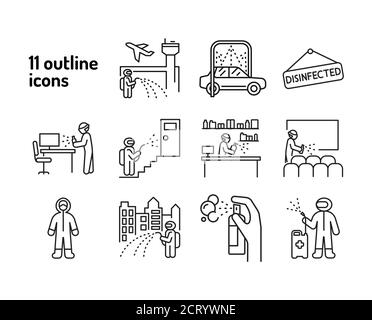 Icône de la ligne noire de désinfection de masse. Service de nettoyage. Travailleur en costume de protection avec pulvérisateur désinfecteur. Pictogrammes pour le Web, l'application mobile, la promotion. INTERFACE UTILISATEUR UX Illustration de Vecteur