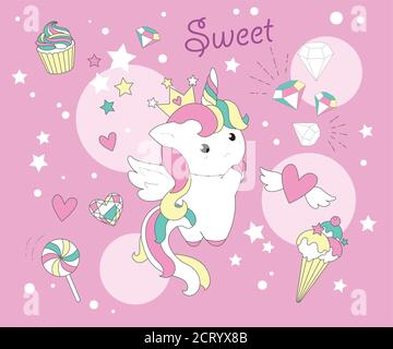 Mignon Unicorn princesse dessin animé poney enfant vecteur, kawaii personnage animal, pépinière contes de fées magie. Pour les cartes de vœux, les t-shirts imprimés et les œuvres d'art de la mode Illustration de Vecteur