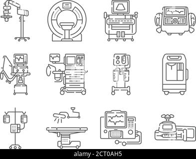 Jeu d'icônes noires de la ligne des appareils médicaux. IRM, appareil d'anesthésie, pompe à seringue, compte-gouttes, défibrillateur, panneaux pour la page Web, application mobile. Vecteur isolé Illustration de Vecteur