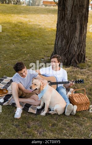 père assis sous l'arbre et jouant de la guitare acoustique tout en regardant au fils adolescent et à l'golden retriever Banque D'Images