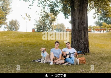 père et adolescent assis sur une couverture près de golden retriever sous le tronc de l'arbre Banque D'Images