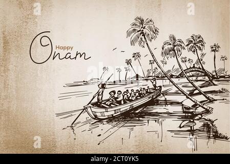 Illustration de la course de bateau à rames dans le cadre de la célébration d'Onam pour heureux Festival Onam du Sud de l'Inde Kerala Illustration de Vecteur