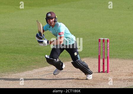 Londres, États-Unis. 20 septembre 2020. LONDRES, ANGLETERRE, SEPTEMBRE 20 2020: Laurie Evans de Surrey joue un tir pendant le match de Blast Vitality Surrey contre Kent au terrain de cricket de Kia Oval, Londres, Angleterre, 20 septembre 2020 (photo de ESPA/Cal Sport Media/Sipa USA) crédit: SIPA USA/Alay Live News Banque D'Images