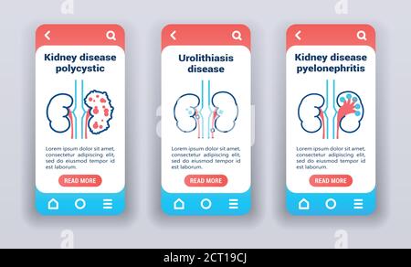 Maladie rénale sur les écrans d'intégration des applications mobiles. Icônes de ligne, polykystique, maladie d'urolithiase, pyélonéphrite. Illustration de Vecteur
