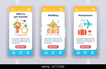 Mariage sur les écrans d'intégration des applications mobiles. MODÈLE UI UX GUI. Illustration de Vecteur