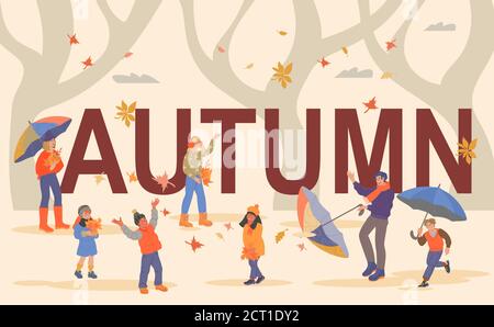 Arrière-plan de la saison d'automne avec des gens heureux, illustration vectorielle plate. Illustration de Vecteur