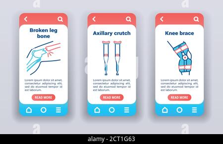 Traitement des blessures et des jambes sur les écrans d'intégration de l'application mobile. Illustration de Vecteur