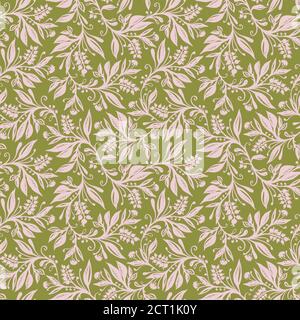 Motif floral sans couture avec feuilles et baies dans la palette rose vert chartreuse, dessiné à la main et numérisé. Design pour papiers peints, textiles, tissus. Illustration de Vecteur