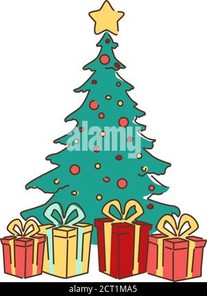 Sapin de noël décoré avec boîtes cadeaux, étoile, lumières, boules de décoration et lampes ligne de couleur icône.pictogramme pour page Web, application mobile, Promo. INTERFACE UTILISATEUR UX Illustration de Vecteur