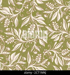 Motif floral sans couture avec feuilles et baies dans la palette rose vert chartreuse, dessiné à la main et numérisé. Design pour papiers peints, textiles, tissus. Illustration de Vecteur