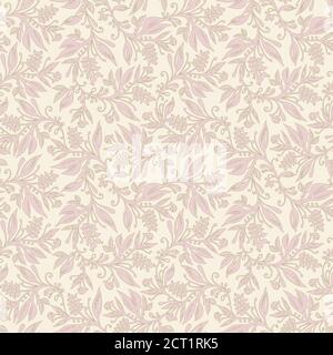 Motif floral sans couture avec feuilles et baies dans la palette rose vert chartreuse, dessiné à la main et numérisé. Design pour papiers peints, textiles, tissus. Illustration de Vecteur