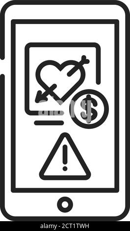 Datation d'escroquerie sur l'icône de ligne noire de l'écran du smartphone. Internet criminel, tromperie, élément de fraude. Inscrivez-vous pour accéder à une page Web ou à une application mobile. MODÈLE UI UX GUI. Illustration de Vecteur