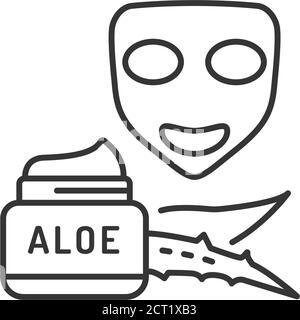 Utilisation de l'icône de la ligne noire du masque d'aloès. Utilisation d'un masque avec aloès pour un traitement apaisant et pénétrant en profondeur pour une peau irritée ou enflammée. Soin du visage. Pictogramme Illustration de Vecteur