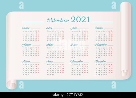 Calendrier mural 2021 modèle en espagnol sur parchemin. 12 mois. La semaine commence le lundi. Calendrier horizontal Vector modifiable Illustration de Vecteur