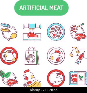 Jeu d'icônes de couleur de viande artificielle. Viande de culture. Viande cultivée en culture cellulaire au lieu d'animaux à l'intérieur. Pictogramme pour page Web, application mobile, Promo Illustration de Vecteur