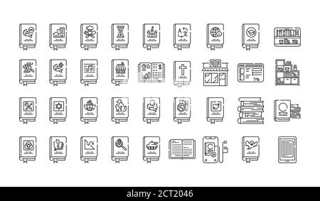 Genres de livres icônes de ligne noire définies. Collection de tous les genres dans la littérature. Pictogramme pour page Web, application mobile, Promo. Élément de conception UI UX GUI. Illustration de Vecteur