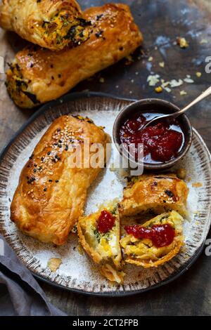 Petits pains de pâte de courge musquée végétarienne avec chutney de tomates Banque D'Images