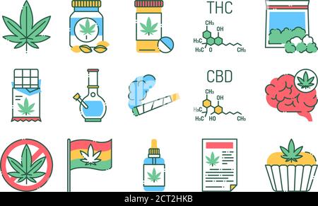 Jeu d'icônes de couleur de produits de marijuana. CBD, substance narcotique THC. Alternative au signe du produit médical. Illustration de Vecteur