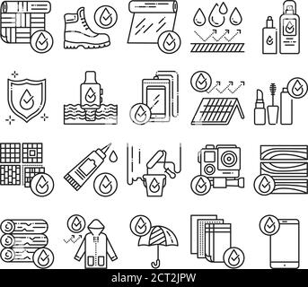 Jeu d'icônes de lignes noires d'outils étanches. Matériaux de construction de revêtement hydrofuge, dispositifs, vêtements, cosmétiques, concept. Pictogrammes pour la page Web Illustration de Vecteur