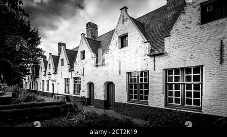 Photo en noir et blanc de la 'Béguinage princière de Wijngaarde' avec ses façades de maisons de couleur blanche et le paisible jardin du couvent fondé en 1245 Banque D'Images