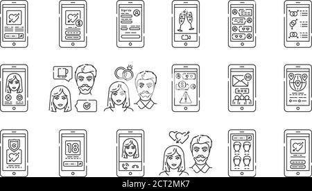 Datant site Web dans l'écran de smartphone icônes de ligne noire ensemble. Rencontres virtuelles. Affiche une page Web, une application mobile. MODÈLE UI UX GUI. Affichage de l'interface utilisateur. Illustration de Vecteur