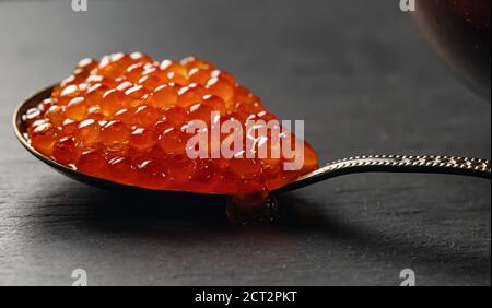 Vue rapprochée du caviar rouge dans la cuillère. Banque D'Images