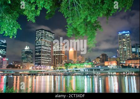 Trees on South Bank et The Reflection of Brisbane Skyline in Brisbane River at Night, Queensland, Australie Banque D'Images