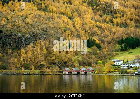 La maison est sur le front de mer de la vallée pendant la saison d'automne. Les feuilles deviennent jaunes toutes les montagnes reflétant la belle eau à la ci Banque D'Images