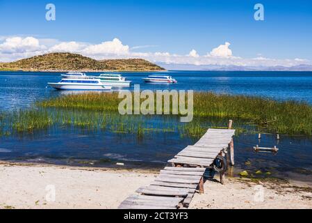 Jetée sur le lac Titicaca au village de Challapampa, Isla del sol (île du Soleil), Bolivie, Amérique du Sud Banque D'Images