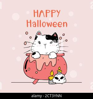 Mignon chat Halloween en pot de poison avec crâne de chat et bougie, drôle chat kitty clip art avec silhouette pour carte de voeux, sublimation, autocollant Illustration de Vecteur