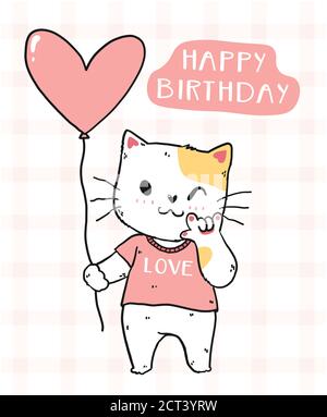 Joli chat avec coeur rose ballon Happy Birthday idée pour carte d'anniversaire imprimable Illustration de Vecteur