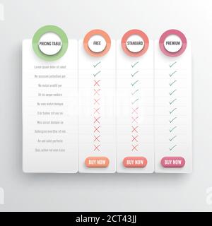 Liste de prix de comparaison. Comparaison de prix ou de plan de produit comparer les produits d'achat d'entreprise rabais hébergement grille d'image. Tableau des coûts des services. Illustration de Vecteur