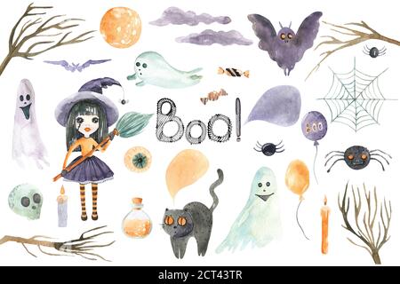 Motif sans couture de Happy Halloween sur fond blanc. Éléments de dessin animé peints à la main aquarelle. Banque D'Images