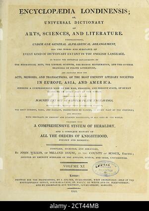 Titre et crédit de la page gravure de Copperplate de l'Encyclopédie Londinensis Or, Dictionnaire universel des arts, des sciences et de la littérature; Volume XI; édité par Wilkes, John. Publié à Londres en 1812 Banque D'Images