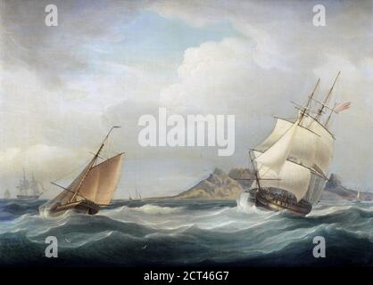 HMS illustre sortie de Table Bay dans des conditions difficiles et une brise raide, par Thomas Whitcombe (britannique, 1760-1824). Le deuxième illustrie à servir dans l'huile de la Marine royale sur toile 47 x 63 cm 1811. HMS illustre, un navire de troisième rang de 74 canons de la ligne et le second de ce nom, a été construit par Randall & Brant à Rotherhithe où sa quille a été posée en février 1801. Lancée le 3 septembre 1803, elle a été achevée à Woolwich elle a été commandée pour la flotte de la Manche sous la direction du capitaine Sir Charles Hamilton et a participé à la bataille des routes basques en 1809, où elle a gagné une batte Banque D'Images