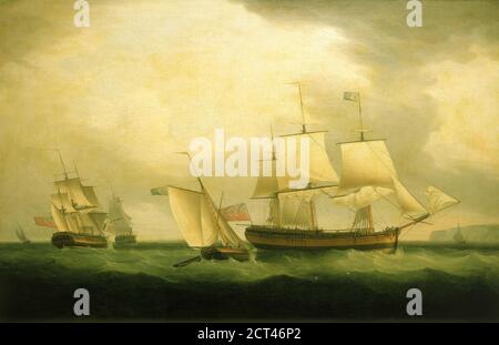 La Cutter Mary Ann et HMS Sylph. Le navire était une boucle qui a été lancée en septembre 1795. La peinture commémore probablement la mise en service du ‘Myph’. Elle est montrée dans les Downs en vue grand-côté, en volant l'enseigne rouge. Il peut s’agir d’un portrait de navire avec le navire en vue de la poupe et de l’arc sur la gauche. Partie de la marine de Nelson en 1805, elle servait à la station Guernesey et était probablement impliquée dans des raids sur la côte française pour perturber les préparatifs de l’invasion de l’Angleterre. La peinture est signée et datée de 1795. Par Thomas Whitcombe (peut-être le 19 mai 1763 – c. 1824) était un pro Banque D'Images