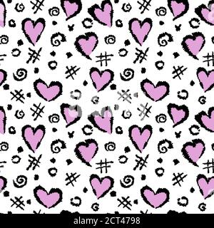 Arrière-plan abstrait avec un motif de coeurs, un treillis et des taches. Illustration vectorielle dessinée à la main. Illustration de Vecteur