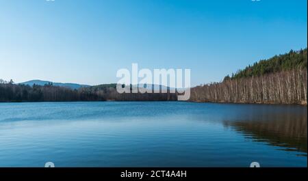 Bleu eau calme de la forêt lac, étang de poissons Kunraticky rybnik avec des bouleaux et des épinettes qui poussent le long de la rive et ciel bleu clair. Arrière-plan de la nature Banque D'Images