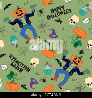 Motif vectoriel sans coutures pour Halloween. Citrouille, fantôme, chauve-souris, bonbons et autres articles sur le thème de l'Halloween. Motif de dessin animé brillant pour Halloween Illustration de Vecteur