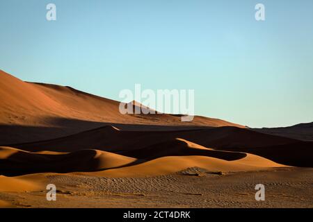 Dunes de sable rouge sous la lumière du matin à Sossusvlei, Namibie. Banque D'Images