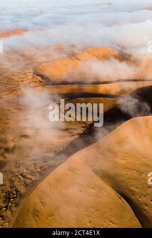 Le brouillard se trouve au-dessus des dunes riches en oxyde de la grande mer de sable de Namibie. Banque D'Images