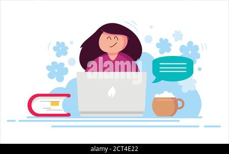 Conception de travail à la maison. Bonne femme freelancer personnage travaillant sur un ordinateur portable à la maison. Étude en ligne de caricature, éducation, travail à domicile. Illustration de Vecteur
