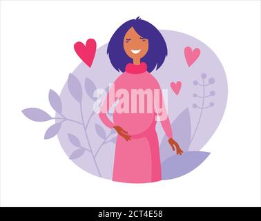 Une affiche avec une belle jeune femme enceinte. dessin animé à plat illustration vectorielle. Une mère heureuse attend un bébé. Illustration de Vecteur